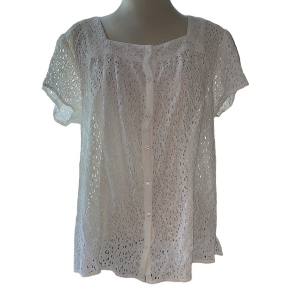 Van Heusen Studio blouse button down floral lace square neckline Sz XLarge NWT - Picture 1 of 8